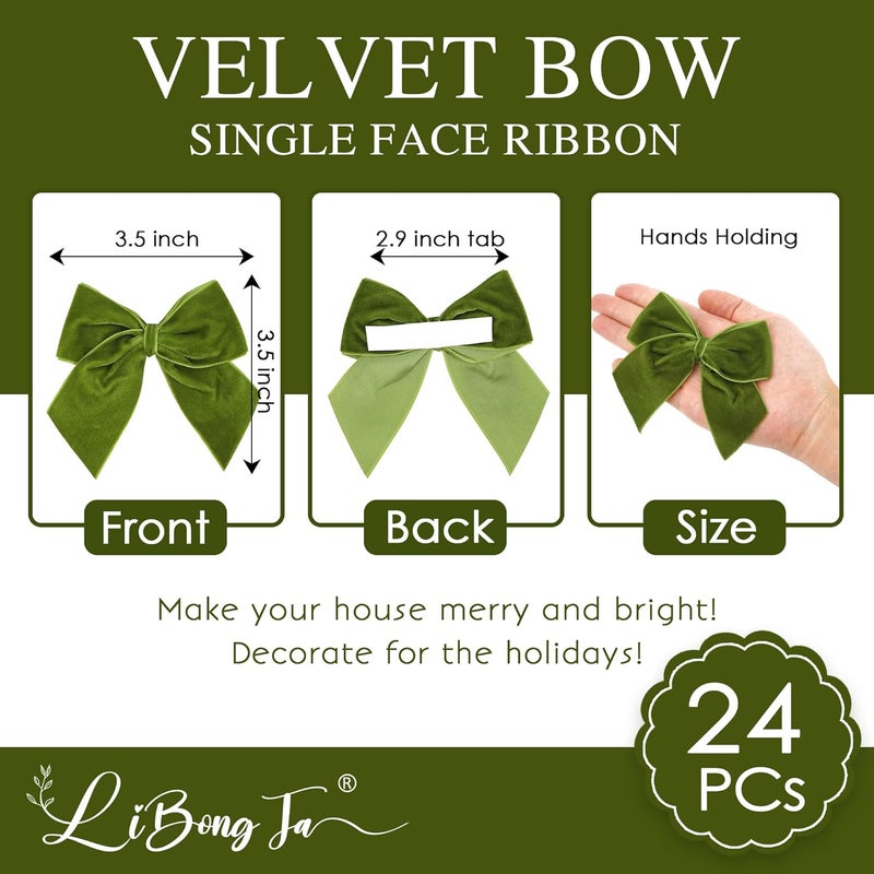 LiBongTa 3.5" Moss Green Bows Velvet Ribbon Bow with Self Adhesive, Small Gift Bows Decor, Light Green Christmas Bows for Treat Bag, Candy Pop, Basket, Party Favor, Craft Bow for Gift Wrapping-24 PCs - Image 2